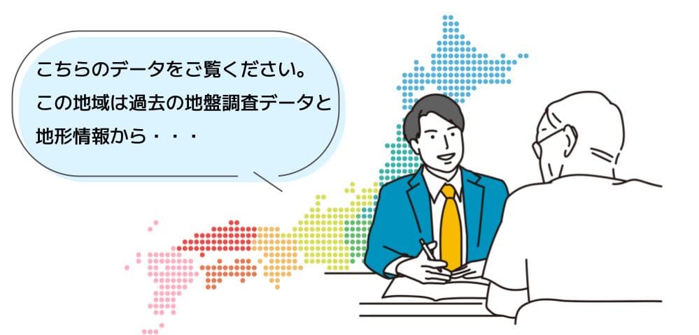 地盤サポートマップを活用して説明をするイラスト