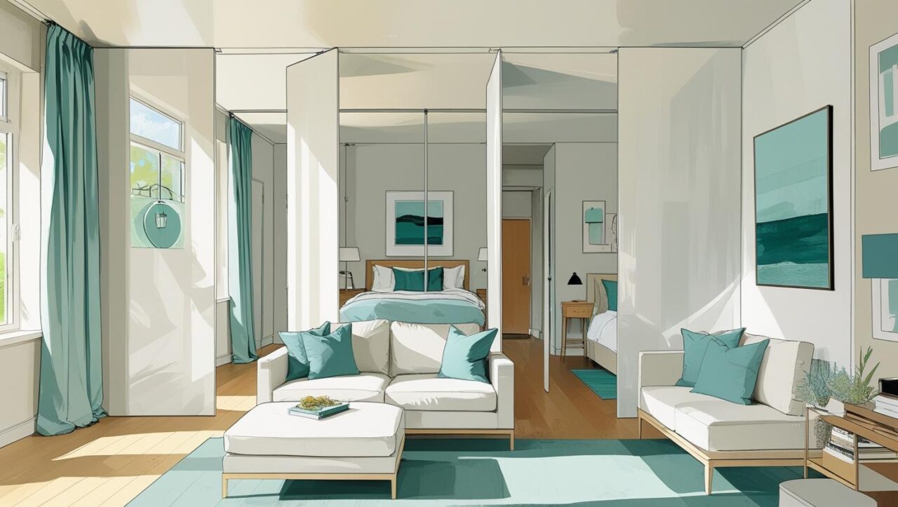 可動式の壁や家具によって、一つの部屋が書斎、寝室、リビングなど多様な使い方ができる空間のイラスト