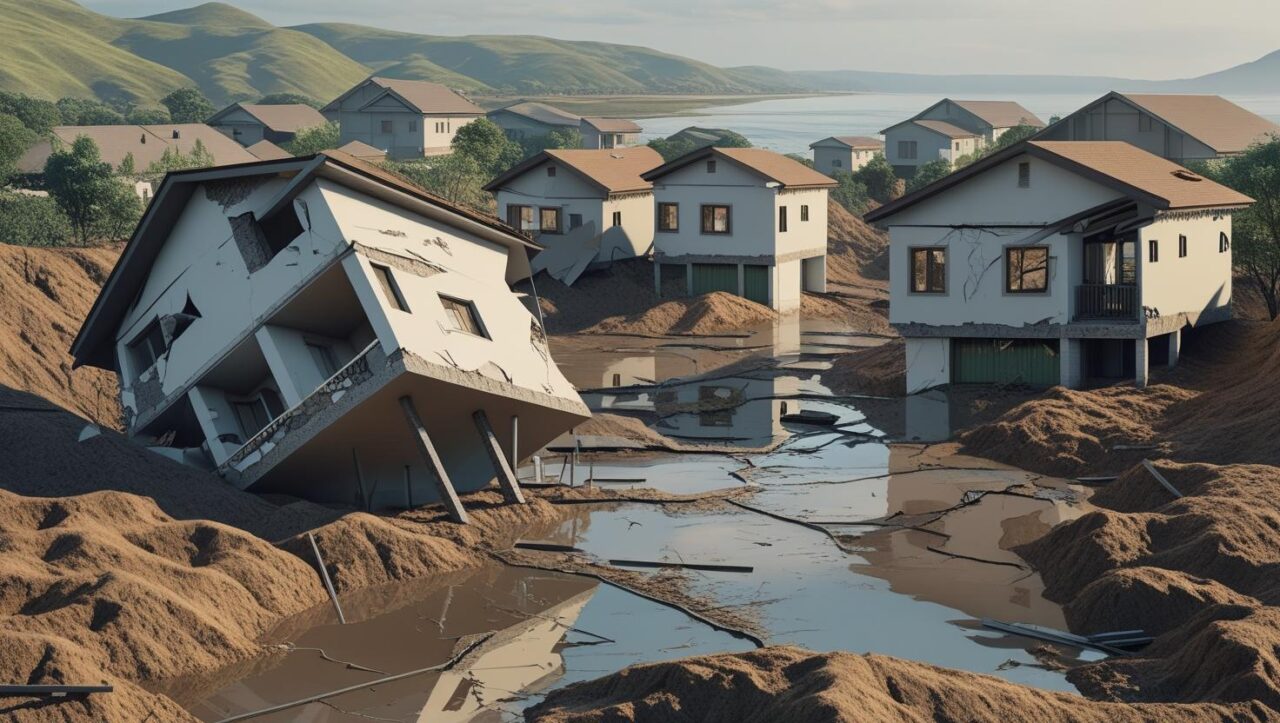 地盤沈下や浸水の危険がある場所に建つ家や、地震で傾いている家