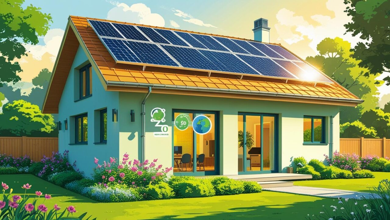 太陽光パネルが設置された家のイラスト。家から排出されるCO2がゼロになっているイメージ