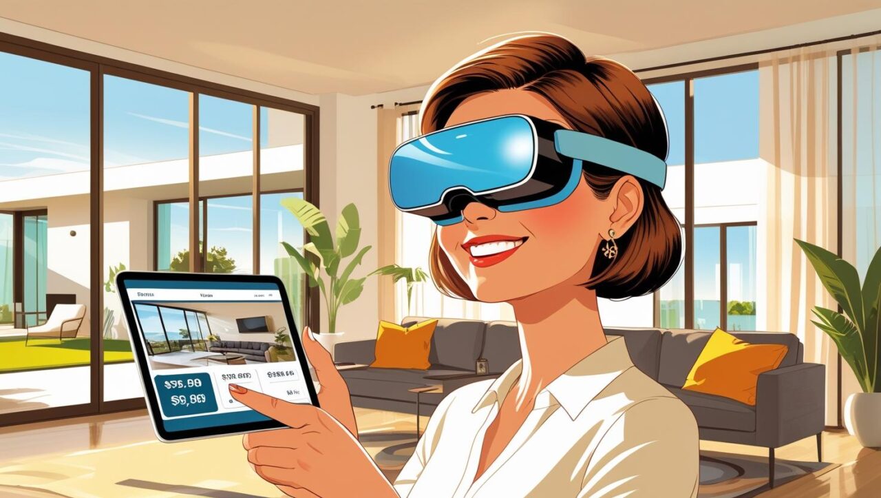 顧客がVRゴーグルを装着して仮想住宅を内見している様子や、タブレットでパーソナライズされた住宅提案を受けているイメージのイラスト