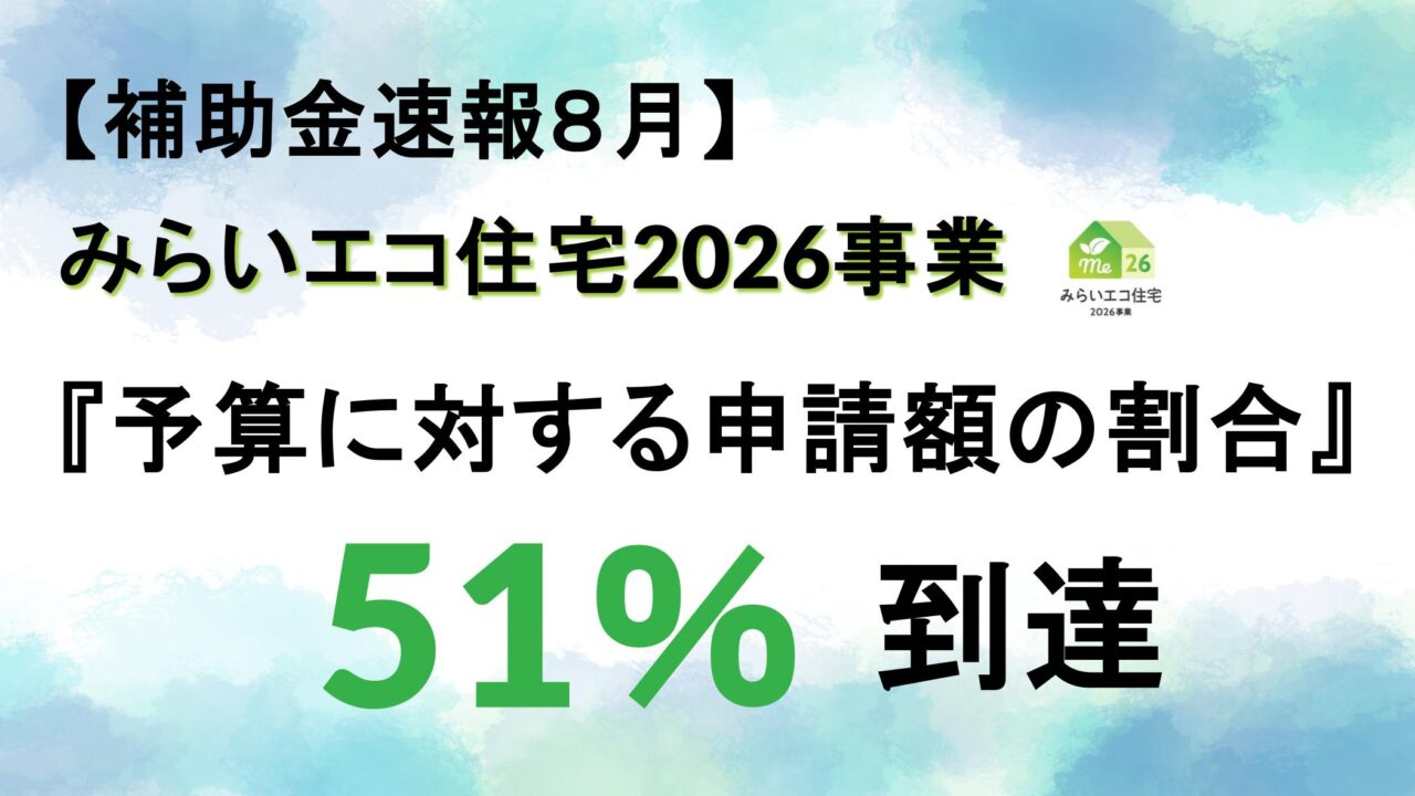 【補助金速報８月】みらいエコ住宅2026事業『予算に対する申請額の割合』51％到達